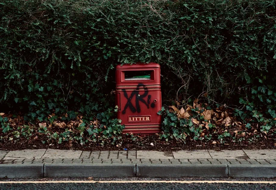 Red litter bin with graffiti placed against a wall covered in green ivy