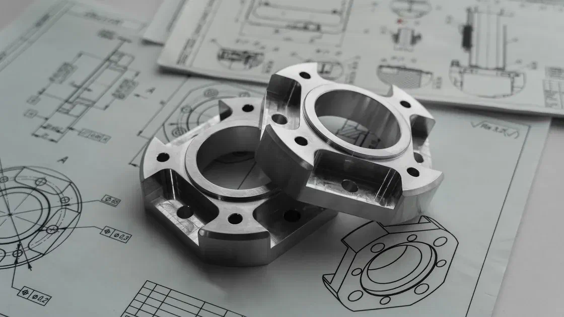 Machined metal components placed on technical engineering drawings