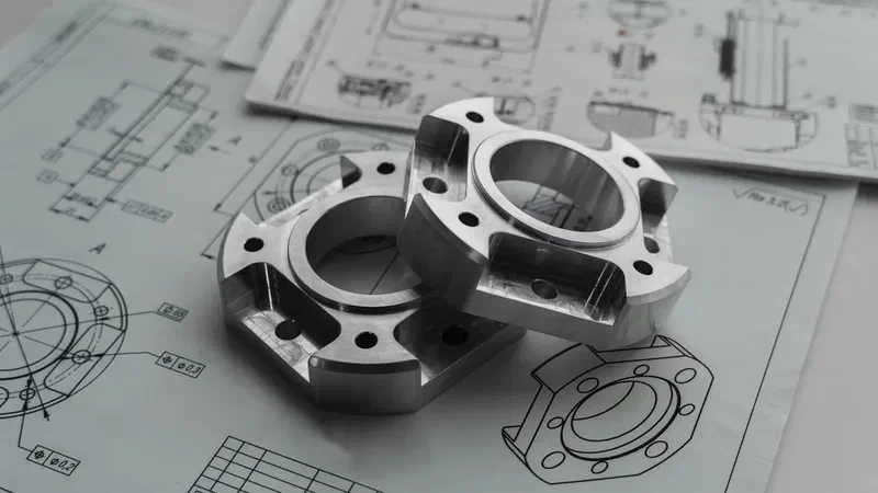 Machined metal components placed on technical engineering drawings