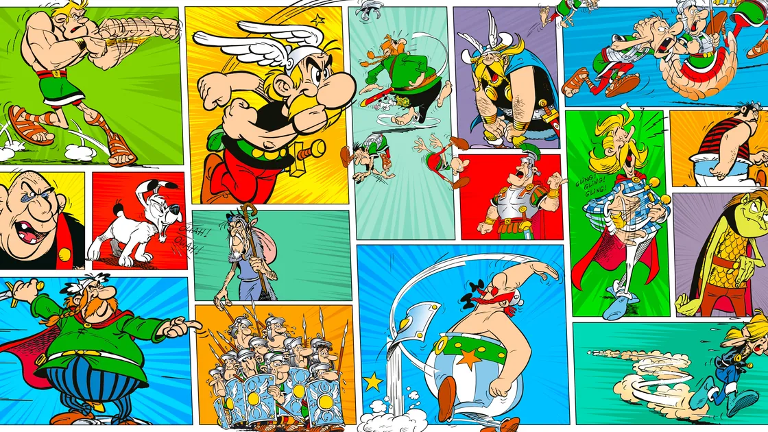 Colorful comic collage featuring scenes inspired by Asterix and Obelix characters