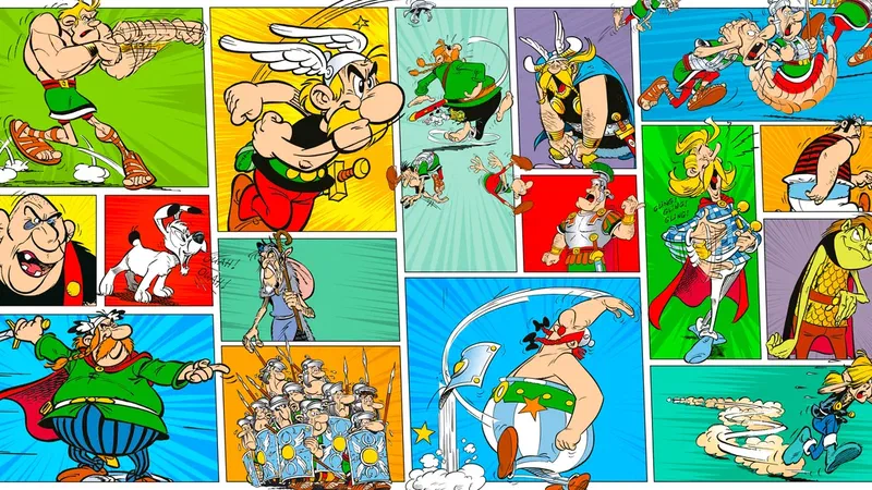 Colorful comic collage featuring scenes inspired by Asterix and Obelix characters