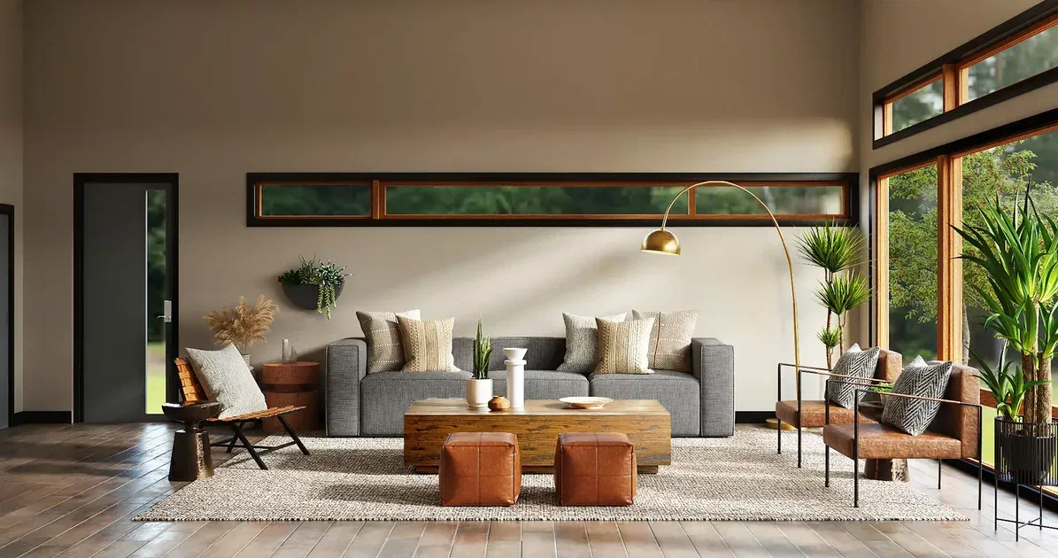 Modern minimalist living room with gray sofas, wooden coffee table, leather chairs, indoor plants, and large windows.