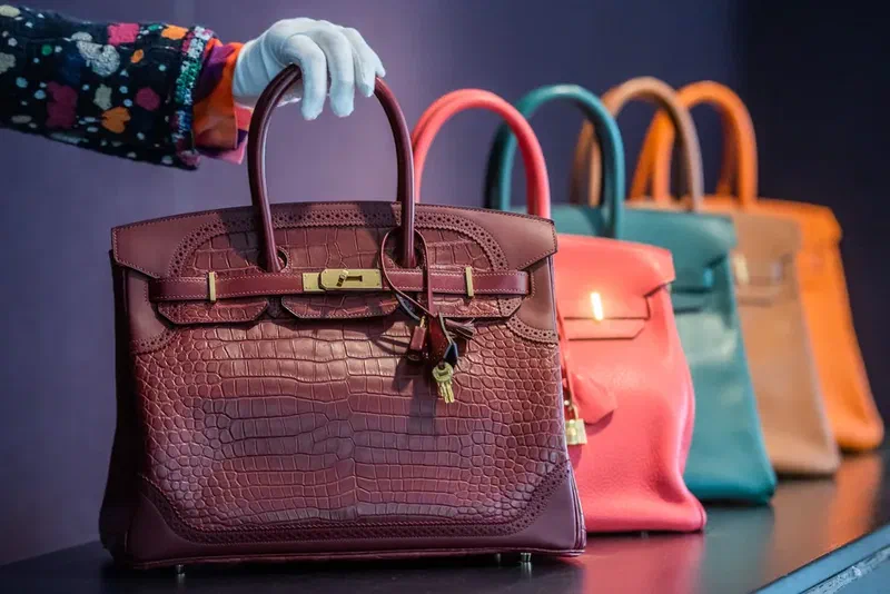 Hermès Birkin handbags in different colors displayed in a row with a focus on luxury design details