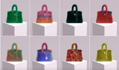 Collection of colorful textured handbags inspired by Birkin-style designs displayed on pedestals