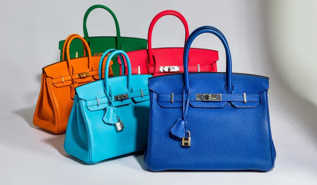 Colorful Hermès Birkin handbags displayed together showcasing luxury design and brand identity
